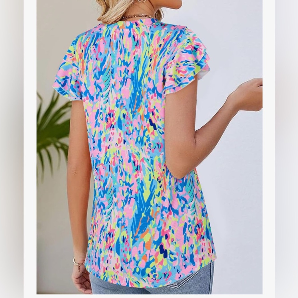 NEW Short Sleeve Pleated Crewneck Casual Blouse Colorful Shirt XL - Picture 2 of 6